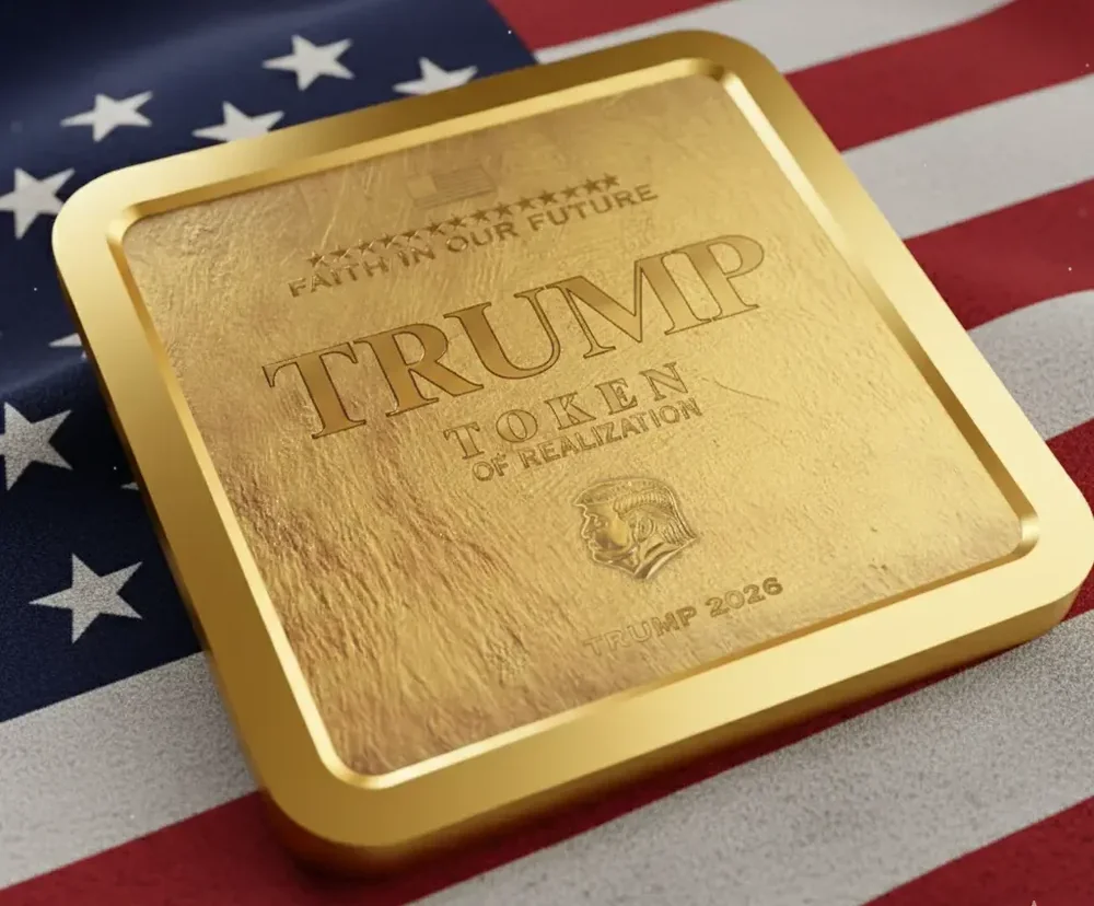 Trump Token of Realization gold-plated commemorative coin displayed on an American flag