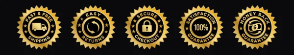 Fast free shipping, easy returns, secure checkout, satisfaction and money-back guarantee badges